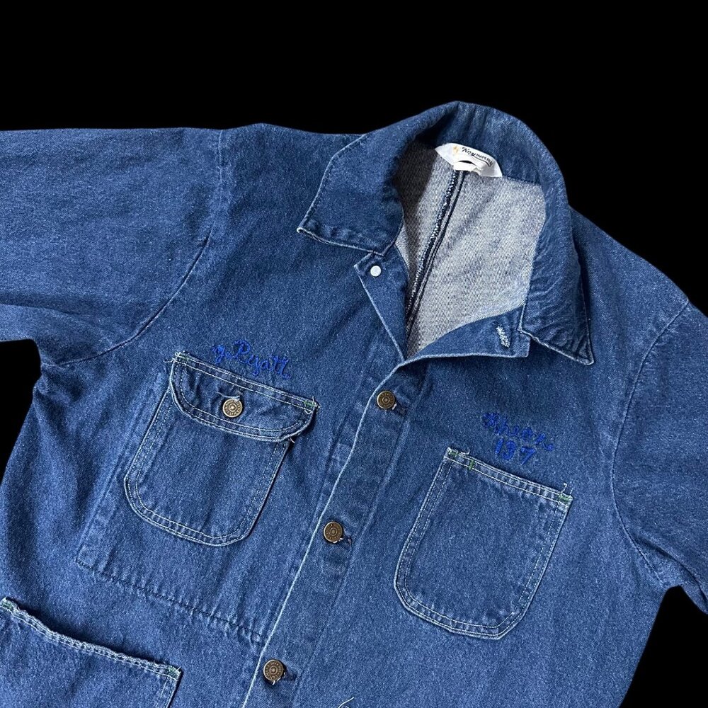 Vintage Key Imperial Blue Denim Workwear Jacket Hand Embroidered 70s Chore Coat